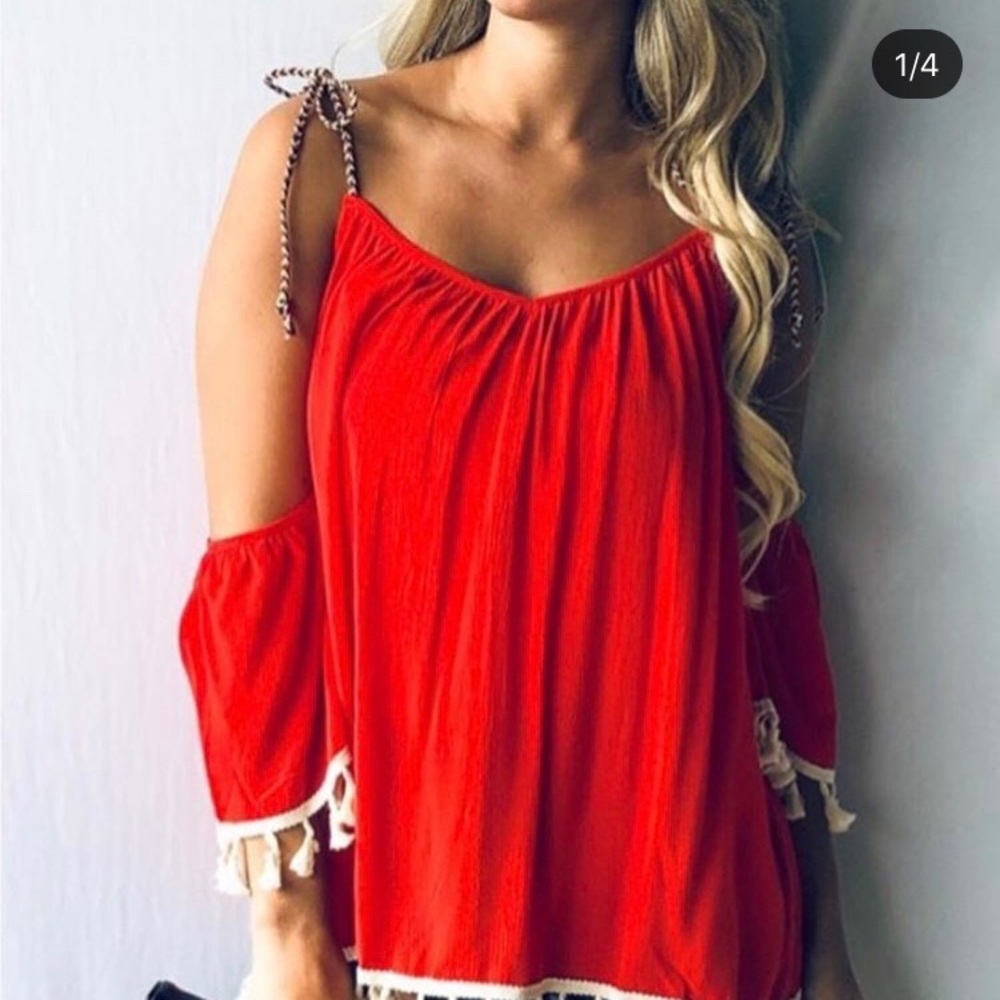 ⚡️CYBER SALE⚡️ Tassel Trim Shoulder Tie Top